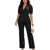 Kafiloe Pant Suits for Women Dressy Elegant Short Sleeve Blazer Suit 2 Piece Set Business Casual Outfits