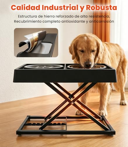 Comedero para Perro Grande de Hierro Macizo Ajustable 9 Alturas(8-44cm), Plato para Perro Plegable y Desmontable, Comedero Elevado para Perro con Platos de Acero y Plato Lento,Plato Elevado para Perro