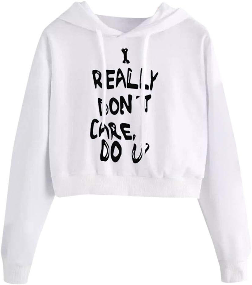 HARRYSTORE Womens Ladies Girls Hoodie Crop Tops Letter Print Long Sleeve Hooded Sweatshirt Cropped Sweat Tops Pullover Jumpers