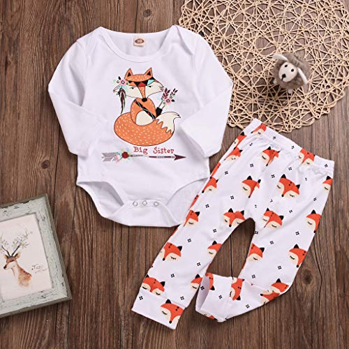 Little Story 6M-4Y Middle and Small Children's Girls Alphabet Long Sleeve Fox Print Hakama + Trousers Sisters Toddler Infant White