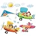 DECOWALL DA-1506B 3 Animal Biplanes Kids Wall Stickers Wall Decals Peel and Stick Removable Wall Stickers for Kids Nursery Bedroom Living Room d?cor