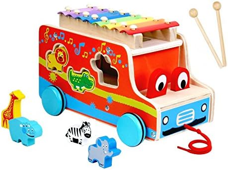 Pull Along Xylophone, Baby Push Pull Mallets Instrument Vehicle, Wooden Bus Toy, 3D Animal Shape Sorter Puzzle Gift, Educational Learning Toys for 1, 2, 3, 4 Year Olds Baby, Infants, Kids, Toddlers