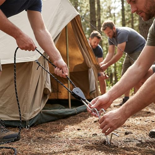 MUYAPAY Set of 4 Ratchet Tensioners, Adjustable Ratchet Rope Retractable Pulley, 4 m Reflective Tent Rope for Attaching a Tent in Full Equipment Essential for Camping Travel Black