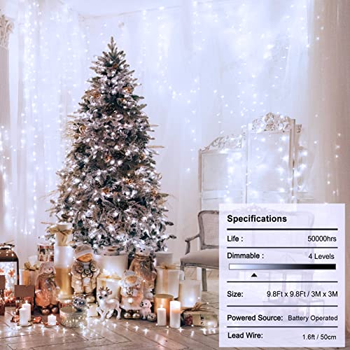 echosari Curtain Lights Battery Operated, 300 LED 9.8ft×9.8ft Fairy