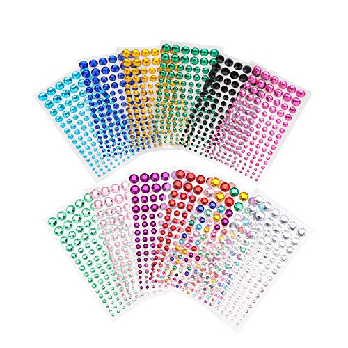 12 Sheets Gem Stickers, Gartful Colorful Round Rhinestone Stickers for Crafts Self Adhesive Jewel Sticker for Makeup, Nail, Craft & Art Project, Festival, 6 Sizes (3mm, 4mm, 5mm, 6mm, 8mm, 10mm)