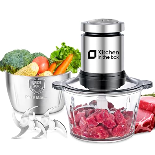 Kitchen in the box 2L+2L Electric Food Processors & Chopper with 304 Stainless Steel Container and Glass Container, 2 Speed Settings, 4 Stainless Steel Blades for Chopping Meat, Baby Food, Vegetable