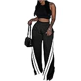 WDIRARA Women's Striped Elastic Waist Wide Leg Sweatpants Athletic Workout Baggy Pants