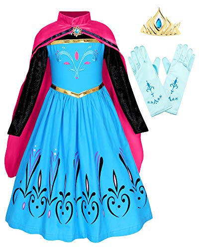 Cotrio Elsa Coronation Dress with Cape Tiara Gloves Girls Birthday Party Princess Dresses Toddler Kids Halloween Costumes Accessories Outfits Size 10 (9-10 Years, Blue, 140)