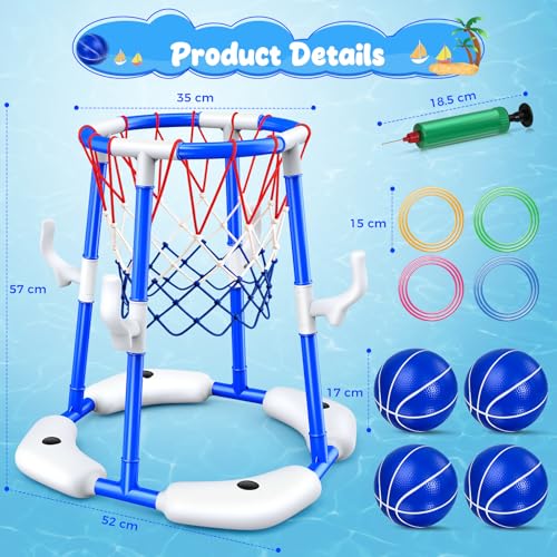 HaoVrisn Canasta de Baloncesto para Piscina, Juguetes Piscina 2 en 1, Juegos de Agua para Niños con 4 Pelotas Flotantes, 12 Anillas y Bomba, Juguete Veraniego Familiar para Fiesta en Piscina