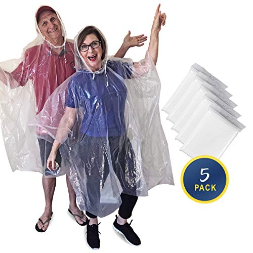 Rain Ponchos for Adults Disposable or Reusable - 5 Pack - Clear Waterproof Emergency Poncho with Drawstring Hood - Extra Thick & Strong - Perfect for Theme Parks, Concerts, Sporting Events, Camping
