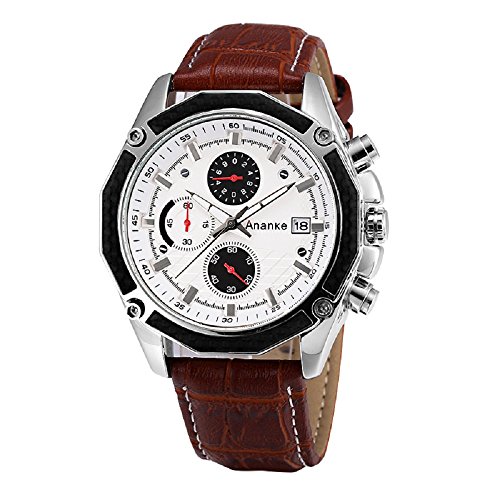 Ananke Mens Waterproof Chronograph Military Quartz Dress Wrist Watch with Brown Leather Strap Round Date Calendar