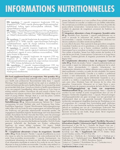Magnesium bisglycinate – 500mg – Qualité Premium – Naturelle Haute Concentration 100 Capsules Véganes (Approvisionnement de 3 Mois) - Magnesium glycinate - Avec la Plus Haute Biodisponibilité