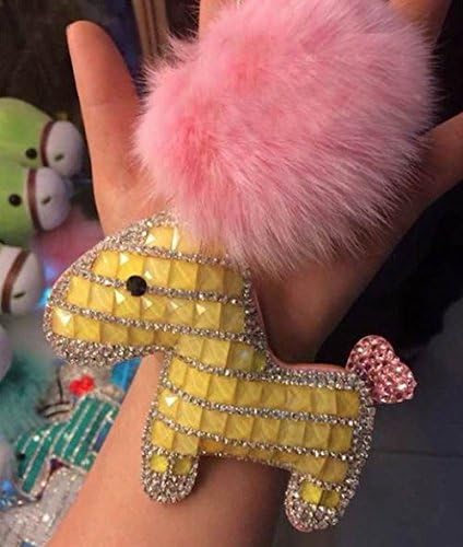 Rhinestone Horse Key chain Fluffy Puffy Ball Key Ring Cute Girls Tote Handbag Charm Yellow Stones Pink Pompoms