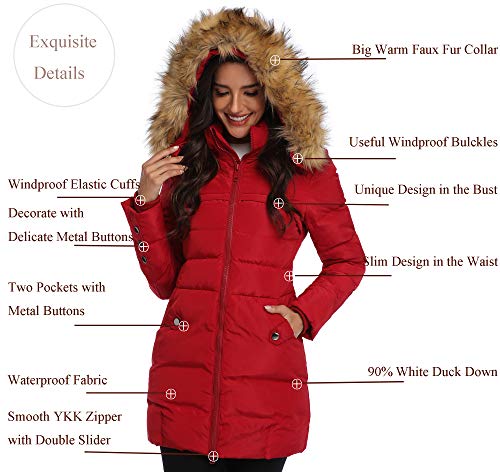 Obosoyo Women's Hooded Thickened Long Down Jacket Winter Down Parka Puffer Jacket (WineRed, M) - Thumbnail 3