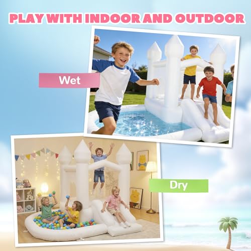 Qaba 8.2FT x 7.4FT White Bounce House, 3-in-1 Inflatable Bounce House with Slide and Ball Pit for Kids Ages 3-8, Indoor Outdoor Bouncy Castle with 370W Blower for Birthday and Wedding Party, White