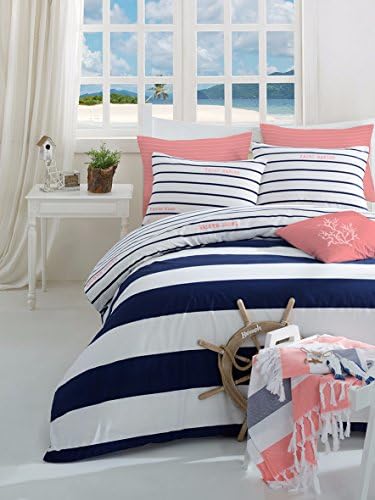 Bekata Marmaris, Perfect Design Nautical Bedding Set, %100 Cotton Quilt/Duvet Cover Set and Turkish Peshtemal Towel, Stripped, Navy Blue White Pink, 6 PCS (Full/Queen Size)