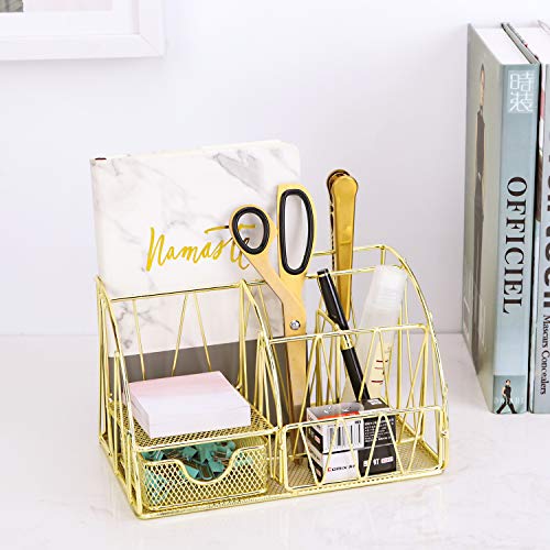 Z-PLINRISE-Desk-Accessories-Organizer-5-Compartments-with-Drawer-Letter-Holder-2-Pen-Holders-Sticky-Note-Holder-and-Accessory-Slot-Wire-Stationery-Caddy-for-Office-Supplies-Gold