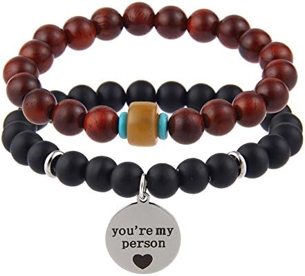 8MM Natural Matte Black Agate Stone and Sandalwood Wood Bead Bracelet Set of 2 for Women Nice Gift
