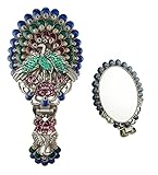 Ivenf Vintage Metal Oval Make-Up Hand/Table Mirror, Peacock Spread Tail, Blue