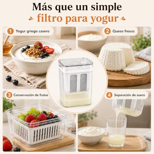 Colador para Yogur Griego 1100ML con Tapa, Filtro Reutilizable para Yogurt, Kefir y Queso, Colador Multiusos para Leche Vegetal, Café y Té, con Telas Filtrantes y Cepillo
