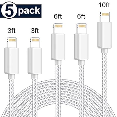 PLmuzsz MFi Certified iPhone Charger Lightning Cable 5 Pack [3/6/10FT] Extra Long Nylon Braided USB Charging &amp; Syncing Cord Compatible iPhone Xs/Max/XR/X/8/8Plus/7/7Plus/6S/6S Plus/SE/iPad/Nan More