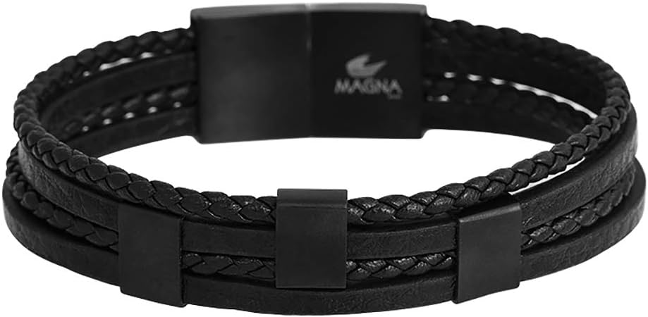 Magna Steel Men's Multi-Strand Braided Genuine Leather Wheat Chain Bracelet with Magnetic Closure