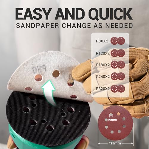 DCA Random Orbital Sander, 300W 12000 OPM Electric Sander with Dust Collection, 125MM Hand Electric Tool, 6 Variable Speeds, 10pcs Sandpapers for Woodworking,Sanding, Polishing, DIY, Home Improvements