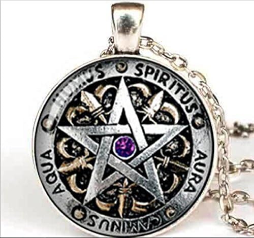 LINXIAOWiccan Protection Necklace, black magick Pagan Pentagram pendant, Glass Dome Gift Women Men