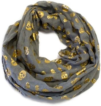 VegasHorizon Lightweight Women's Infinity Scarf with Golden Skull Print - Gray