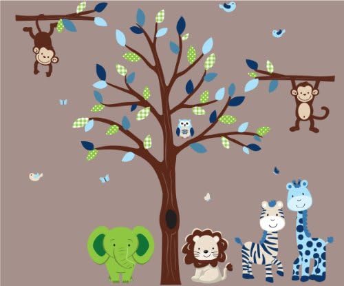 Large Tree Decal with Green and Blue Leaves and Jungle Animals
