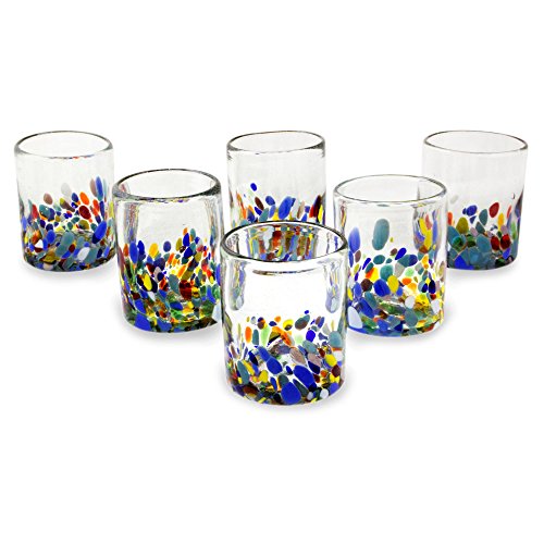 NOVICA Blown Juice Glasses, 'Confetti Festival' (Set of 6)