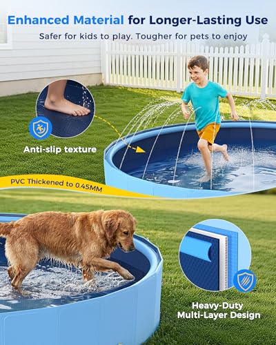 VISTOP 117" Extra Large Dog Pool with Sprinkler, Heavy Duty Foldable Hard Plastic Kiddie Pool, Non-Slip Collapsible Swimming Pool for Dogs, Kids & Pets, Portable Outdoor Backyard Water Play Tub