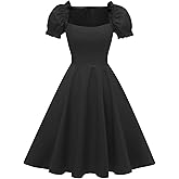 Hanpceirs Women's Puff Short Sleeve 1950s Party Dresses Square Neck Aline Dress with Pockets