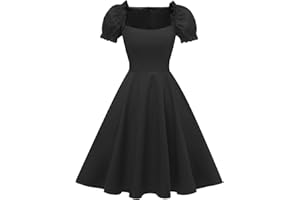 Hanpceirs Women's Puff Short Sleeve 1950s Party Dresses Square Neck Aline Dress with Pockets