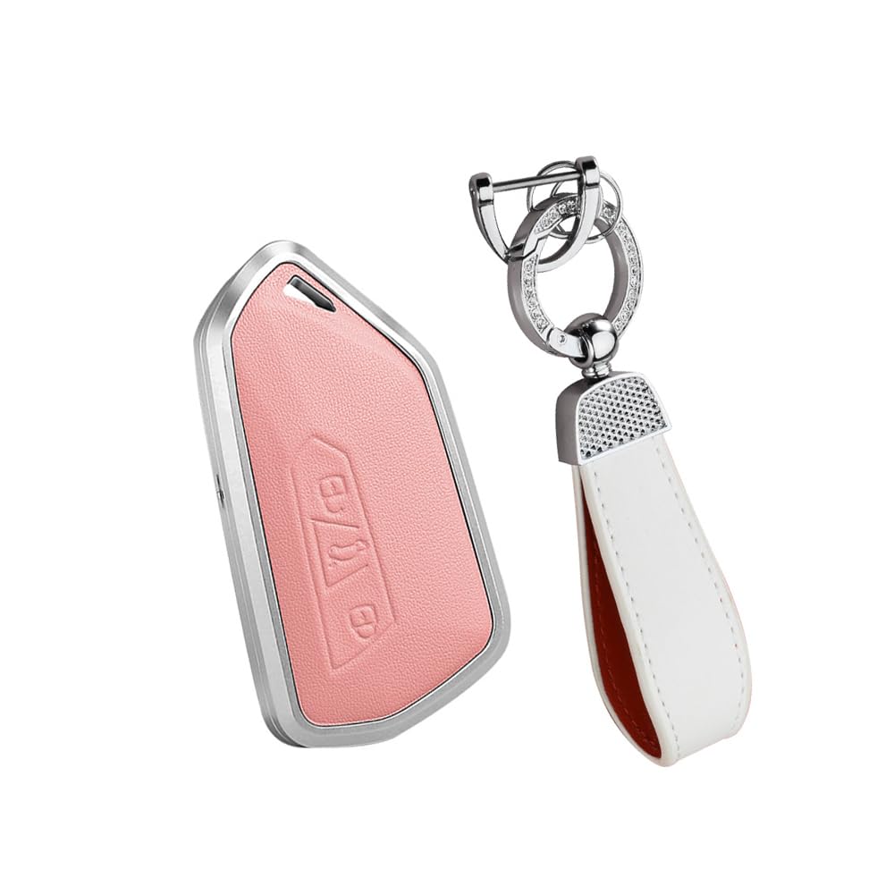 HIBEYO Smart Car Key Case Fits VW Key Case Leather Protective Case Key Cover for VW Golf 8 Seat Leon MK 4 Tarraco Ateca Skoda Octavia 3 Buttons Key Chain Key Case Pink