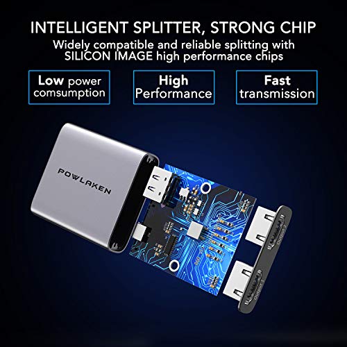 HDMI Splitter 1 in 2 Out - POWLAKEN 4K Aluminum HDMI Splitter, Powered HDMI Splitter Supports 3D 4K@30HZ Full HD1080P for Xbox PS4 PS3 Fire Stick Roku Blu-Ray Player Apple TV HDTV - Thumbnail 3