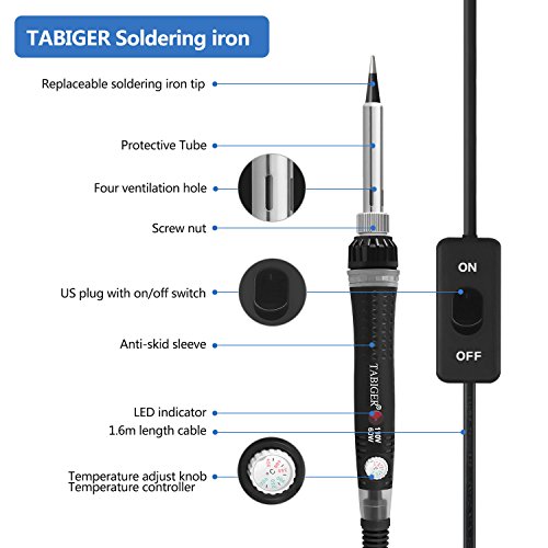 Tabiger Soldering Iron Kit Electronics with Adjustable Temperature and ON/OFF Switch , 60W/110V Welding Tool with 5PCS Soldering tips, solder wire, Soldering Iron Stand with sponge for Repair Usage