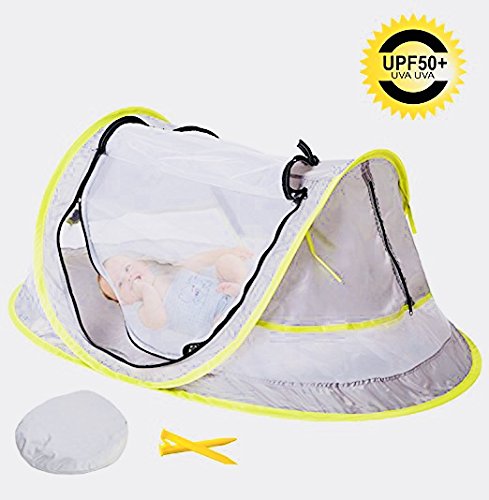 WayfinderTravelTot, Baby Travel Tent Portable Baby Travel Bed Indoor & Outdoor Travel Crib Baby Beach Tent UPF 50+ UV Protection w/Mosquito Net and 2 Pegs (Grey)