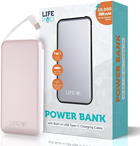 LifePod 10000mAh Portable Charger Power Bank with Built-in USB Type-C Cable and USB Port to Charge All Devices (Pink)
