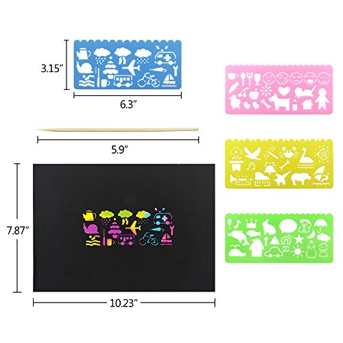 image for HANGNUO 50 Pack Rainbow Scratch Art Paper with 5 Bamboo Stylus and 4 C