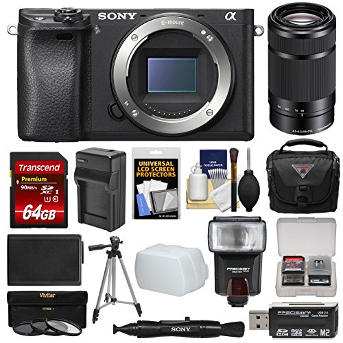 Sony Alpha A6300 4K Wi-Fi Digital Camera Body (Black) 55-210mm Lens + 64GB Card + Case + Flash + Battery/Charger + Filters + Kit