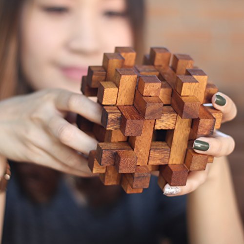 SiamMandalay Double Lock-a-Ball: Handmade & Organic 3D Wooden Puzzle for Adults from with SM Gift Box(Pictured)