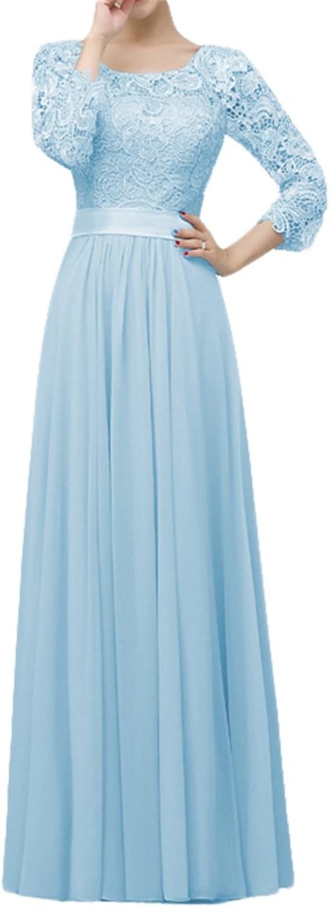 Evening Dress Formal Gowns Lace Chiffon Elegant 3/4 Sleeve Maxi Prom Dresses Sky