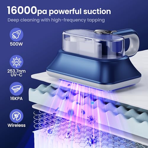 Mattress Vacuum Cleaner, Powerful Vibration Handheld Vacuum Cleaner with UV-C Light and LED Display, HEPA Filter, Handheld Hoover Cordless for Bed, Carpet, Sofa, Crib, Pillows (bright blue)