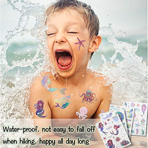 Koogel 180PCS Mermaid Tattoos,12 Sheets Temporary Tattoos for Girls Mermaid Temporary Tattoos for Childrens Party Mermaid Party Filler Decoration