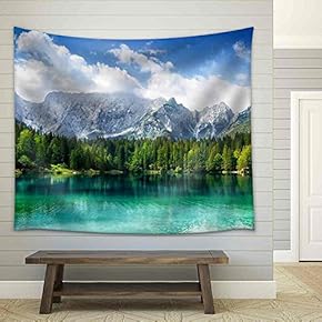 Beautiful Landscape with Turquoise Lake, Forest and Mountains - Fabric Wall Tapestry Home Decor - 51x60 inches