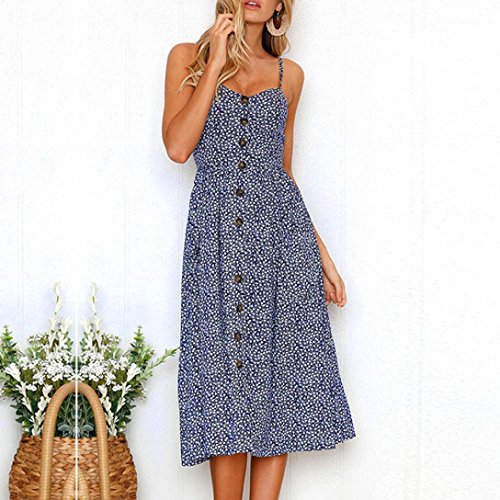 Summer Dresses, Womens Sleeveless Boho Floral Buttons Swing Sundress Spaghetti Strap Beach Dresses (L, Navy one)