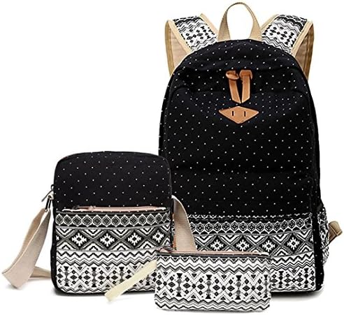 Tomato eggs Canvas Backpack School Bags Set for Teens Girls, Casual Daypack + Shoulder Bag + Pencil Case - black