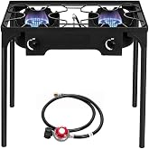 Bonnlo 2 Burner Outdoor Portable Propane Stove Gas Cooker, Heavy Duty Iron Cast Patio Burner with Detachable Stand Legs for Camp Cooking (2-Burner 150,000-BTU)