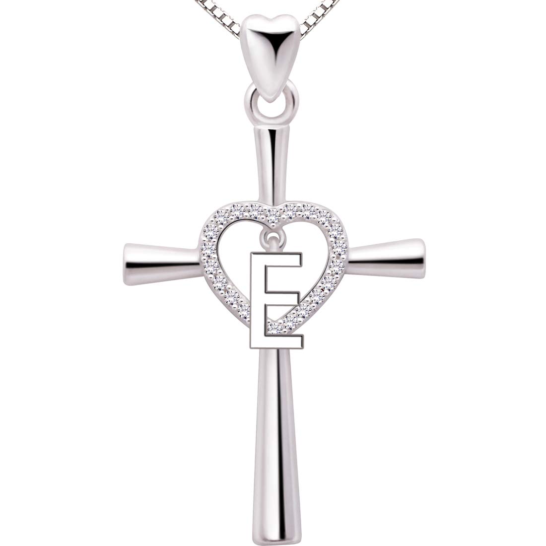 ALOV Jewelry Sterling Silver Initial E Letter Alphabet Love Heart Cross Cubic Zirconia Pendant Necklace